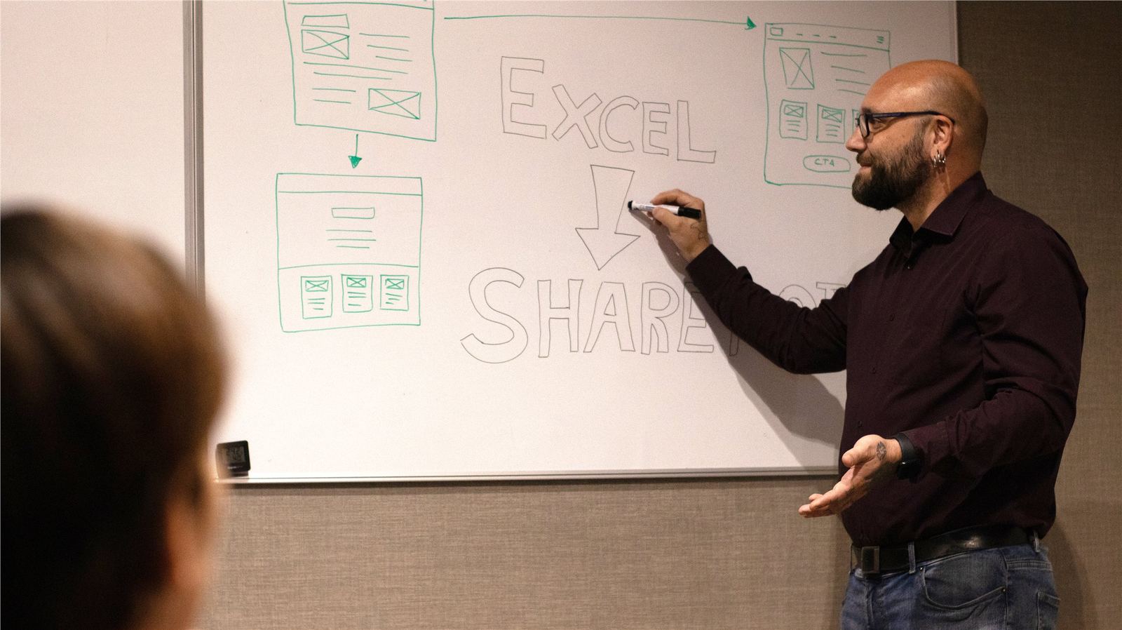 Björn at a whiteboard sketching page layouts and the move from Excel to SharePoint